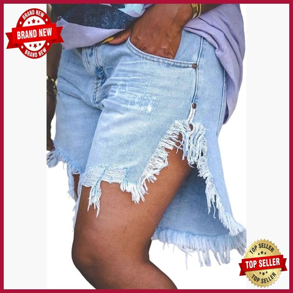 High Waisted Ripped Denim Shorts Distressed Frayed Side Slit Streetwear
